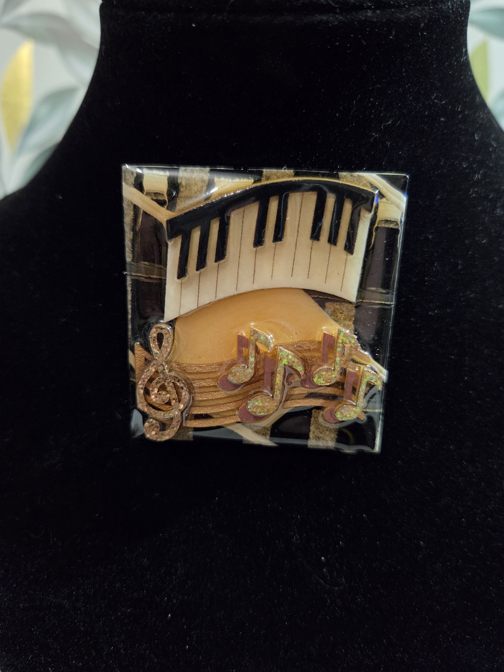 Vintage Music Pins by Lucinda Piano Keyboard Treble Clef Resin Brooch 2"x2"